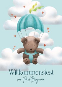 Einladung Willkommensfest Bär blau mit Fallschirm