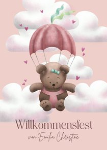 Einladung Willkommensfest Bär rosa mit Fallschirm