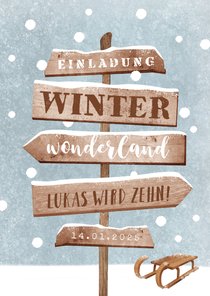 Einladung Winter-Kindergeburtstag Schlitten 10 Jahre