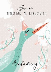 Einladung zum 1. Kindergeburtstag mit Storch und Noten