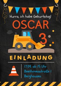 Einladung zum 3. Kindergeburtstag mit Bagger