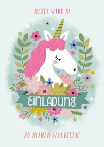 Einladung zum 8. Kindergeburtstag Einhorn und Blumen