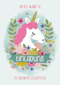 Einladung zum 8. Kindergeburtstag Einhorn und Blumen