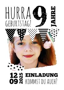 Einladung zum 9. Kindergeburtstag Schwarzweiß mit Foto