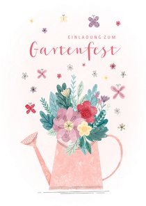 Einladung zum Gartenfest Gießkanne mit Blumen