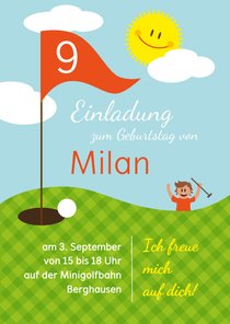 Einladung zum Golf-Kindergeburtstag orange 9 Jahre