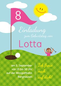 Einladung zum Golf-Kindergeburtstag pink 8 Jahre