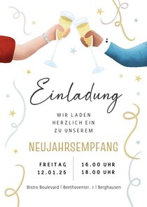 Einladung zum Neujahrsempfang Hände mit Sektglas