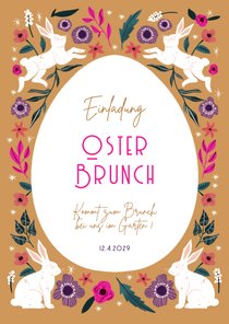 Einladung zum Osterbrunch mit Blumen und Osterhasen