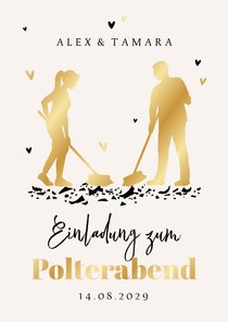 Einladung zum Polterabend goldenes Paar mit Besen