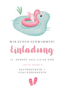 Einladung zum Schwimm-Kindergeburtstag Flamingo 7 Jahre