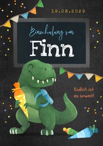 Einladung zur Einschulung lustiger T-Rex & Schultüte