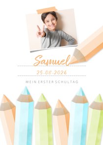 Einladung zur Einschulung orange Buntstifte und eigenes Foto