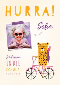 Einladung zur Einschulung rosa Rad mit Leopard