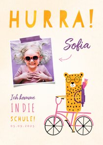 Einladung zur Einschulung rosa Rad mit Leopard