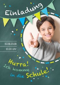 Einladung zur Einschulung Schultafel grünblau und Foto