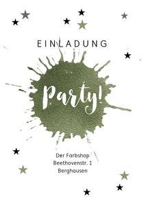 Einladung zur Party mit olivgrünem Farbklecks 