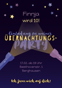 Einladung zur Übernachtungsparty Taschenlampen 10 Jahre