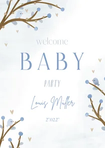 Einladung zur Welcome-Baby-Party blaue Zweige und Vögel