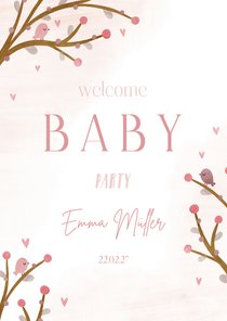 Einladung zur Welcome-Baby-Party rosa Zweige und Vögel