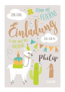 Einladungskarte 1. Kindergeburtstag braun lustiges Lama