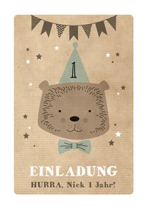 Einladungskarte 1. Kindergeburtstag Partybär und Sterne