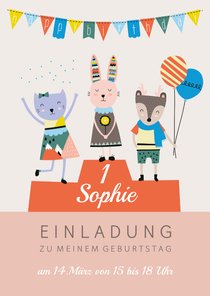 Einladungskarte 1. Kindergeburtstag Tiere auf Siegerpodest