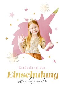 Einladungskarte 1. Schultag Foto in Einhornform
