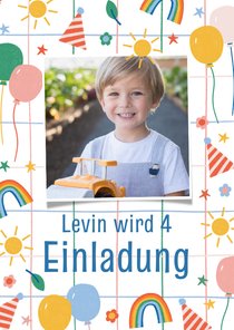 Einladungskarte 4. Geburtstag Foto und fröhliche Doodles