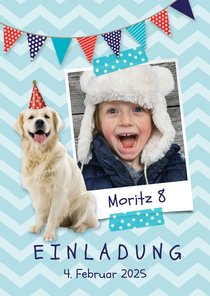 Einladungskarte 8. Kindergeburtstag Hund und Foto