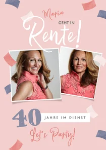 Einladungskarte Austand Rente rosa Konfetti Fotocollage