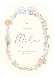 Einladungskarte Bogenform Blumenkranz Kommunion beige