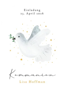 Einladungskarte Bogenform Kommunion weiße Taube Sternchen