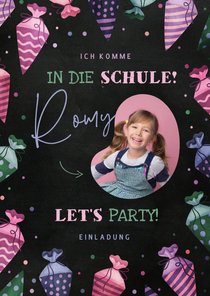 Einladungskarte Einschulung pinke Schultüten & Foto