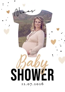 Einladungskarte Foto Strampler Beige Herzchen Babyshower
