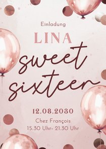 Einladungskarte Geburtstag 'Sweet Sixteen' rosa Luftballons
