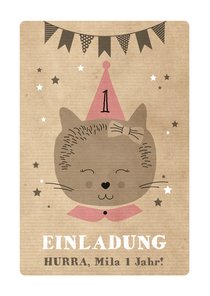 Einladungskarte Kindergeburtstag Partykatze und Sterne 