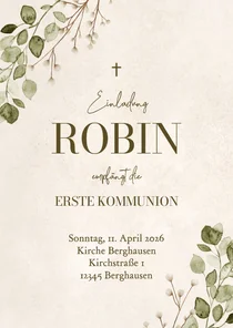 Einladungskarte Kommunion Sand Aquarell Eukalyptus