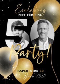 Einladungskarte schwarz 50. Geburtstag Fotocollage in Zahl