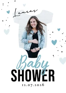 Einladungskarte Strampler Foto Babyshower blaue Herzchen