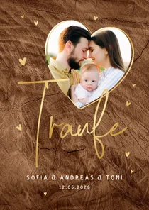 Einladungskarte Traufe Herzfoto & Goldschrift auf Holz