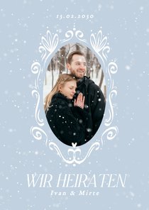 Einladungskarte Winterhochzeit Schneeflocken mit Foto