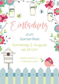 Einladungskarte zum Gartenfest Vogel & Gartenzaun