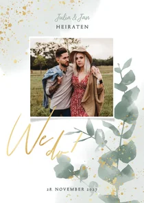 Einladungskarte zur Hochzeit Eukalyptus, Foto & Gold