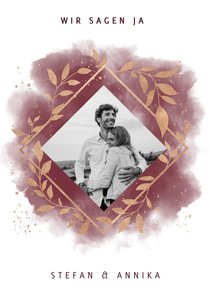 Einladungskarte zur Hochzeit mit Foto in rot mit Goldzweigen