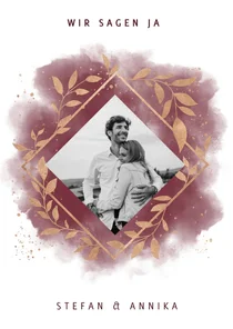 Einladungskarte zur Hochzeit mit Foto in rot mit Goldzweigen