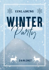 Einladungskarte zur Winterparty mit Berg und Schnee