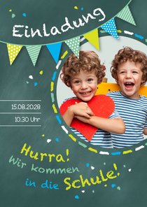 Einschulung Einladung grünblau Zwilling Schultafel & Foto