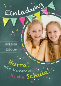 Einschulung Einladung grünrosa Zwilling Schultafel & Foto