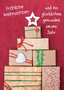 FairTrade Weihnachtskarte mit Weihnachtsbaum aus Geschenken